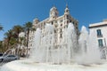 Fountain at end Esplanada, in Plaza puerta del Mar and Carbonell House Alicante Spain