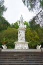 Fountain The Fairytale with sculpture of woman and swans in Sochi Arboretum