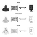 Fountain, fence, skate, billboard.Park set collection icons in black,monochrome,outline style vector symbol stock