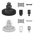 Fountain, fence, skate, billboard.Park set collection icons in black,monochrome style vector symbol stock illustration