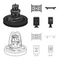 Fountain, fence, skate, billboard.Park set collection icons in black,outline style vector symbol stock illustration web.