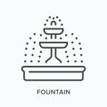 Fountain flat line icon. Vector outline illustration of garden equipment. Black thin linear pictogram for architecture