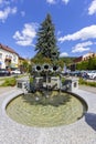 Fountain in the form of poppy heads on the town square, Makow Podhalanski, Poland