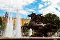 Fountain `Four Seasons`, located on the Manege Square. Statues of four frolicking horses. Moscow city center.