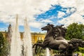 Fountain `Four Seasons`, located on the Manege Square. Statues of four frolicking horses. Moscow city center.