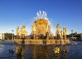 Fountain `Friendship of peoples` on the territory of the All-Russian exhibition center VDNH at sunset. Moscow