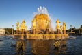 Fountain `Friendship of peoples` on the territory of the All-Russian exhibition center VDNH at sunset. Moscow,