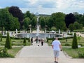 Fountain and front lawn of the Sanssouci building in Potsdam, Brandenburg, Germany