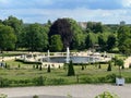 Fountain and front lawn of the Sanssouci building in Potsdam, Brandenburg, Germany