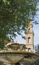 Fountain in front of Santo Spirito church bell tower, Florence