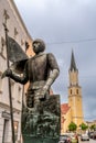 The fountain in front of the town hall in Vilshofen. The sculpture is \