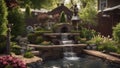 fountain in the garden backyard landscaping with a patio, a waterfall, a pond, a garden, trees, plants, Royalty Free Stock Photo