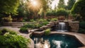 fountain in the garden Fantasy backyard landscaping with a patio, a waterfall, a pond, a garden, trees, plants,