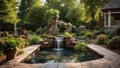 fountain in the garden Fantasy backyard landscaping with a patio, a waterfall, a pond, a garden, trees, plants,