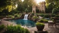 fountain in the garden Fantasy A backyard landscaping with a patio, a waterfall, a pond, a garden, trees, plants, Royalty Free Stock Photo