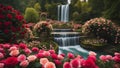 fountain in the garden Fantasy waterfall of love, with a landscape of roses and hearts,