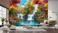fountain in the garden mural colorful landscape flowers branches multi colors with trees and water . waterfall Royalty Free Stock Photo