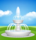 Fountain in garden. Water jet splashes spray on decorative grass outdoor realistic fountains vector background
