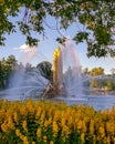 Fountain Golden colossus and yellow flowers
