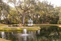 Fountain in Lake by Gazebo