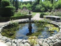 Fountain located around green trees