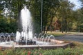 Fountain in Luzhniki against the background of an autumn park, paths and benches, 2020, Moscow Royalty Free Stock Photo