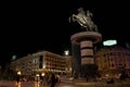 Fountain in Macedonia Square, Skopje, and statue of Warrior on Horse, resembling Alexander the Great Royalty Free Stock Photo