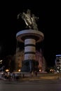 Fountain in Macedonia Square, Skopje, and statue of Warrior on Horse, resembling Alexander the Great Royalty Free Stock Photo
