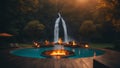 fountain at night Horror swimming pool with a waterfall into fire, with a landscape Royalty Free Stock Photo