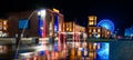 Fountain and old factory, known as the commercial center Manufaktura at night. Lodz, Poland Royalty Free Stock Photo