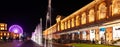 Fountain and old factory, known as the commercial center Manufaktura at night. Lodz, Poland Royalty Free Stock Photo