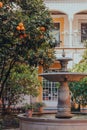 Fountain by orange trees in the gardens of Alcazar of Seville palace, Spain Royalty Free Stock Photo