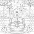 Fountain among the palm trees.Coloring book antistress for children and adults. Royalty Free Stock Photo