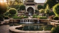 fountain in the park Fantasy backyard landscaping with a patio, a waterfall, a pond, a garden, trees, plants, Royalty Free Stock Photo