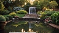 fountain in the park Fantasy backyard landscaping with a patio, a waterfall, a pond, a garden, trees, plants, a trellis Royalty Free Stock Photo