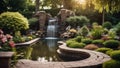 fountain in the park Fantasy backyard landscaping with a patio, a waterfall, a pond, a garden, trees, plants, a trellis Royalty Free Stock Photo