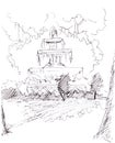 Fountain in the park, graphic black white linear drawing,travel sketch