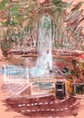 Fountain in the park on the lake, graphic colour pattern, travel sketch