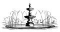 Fountain in park. Sketch. Engraving style Vector illustration.