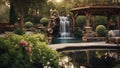 fountain in the park Steam punk backyard landscaping with a patio, a waterfall, a pond, a garden, trees, plants, Royalty Free Stock Photo