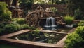 fountain in the park Steam punk backyard landscaping with a patio, a waterfall, a pond, a garden, trees, plants, Royalty Free Stock Photo