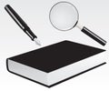 Fountain pen, book and magnifying glass Royalty Free Stock Photo