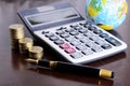 Fountain pen and calculator money coins stack and earth for Business concept Royalty Free Stock Photo