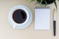 Fountain pen, decorative plant, notepad and cup of coffee on wooden background Royalty Free Stock Photo
