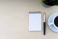 Fountain pen, decorative plant, notepad and cup of coffee on wooden background Royalty Free Stock Photo