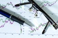 Fountain pen and glasses on stock chart. Royalty Free Stock Photo