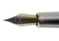 Fountain pen nib, close up, stainless steel and gold, isolated on white