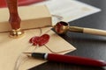 Fountain pen and old notarial wax seal on document, closeup Royalty Free Stock Photo