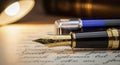 Fountain pen on paper with writing Royalty Free Stock Photo