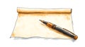 A fountain pen resting on a partially unrolled parchment scroll . ai generated. Royalty Free Stock Photo